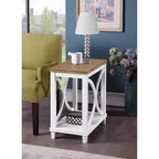 Table d'appoint de chevet avec étagère, plateau aspect bois flotté et cadre blanc