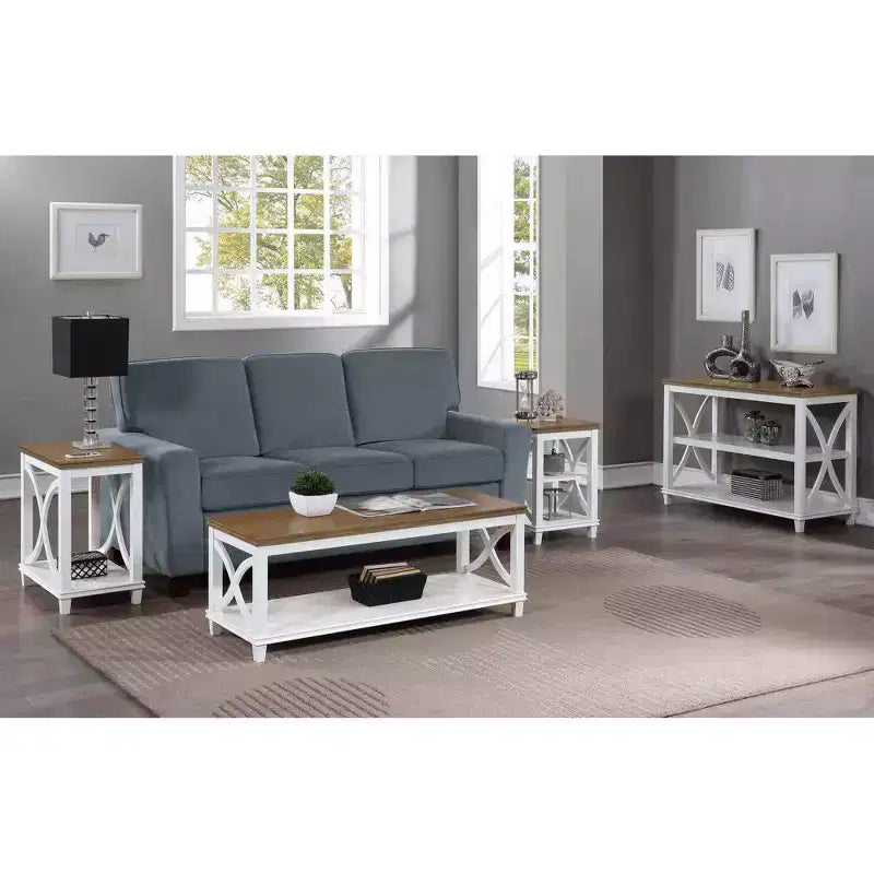 Chairside End Table with Shelf in Driftwood Top and White Frame