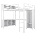 Lit mezzanine en métal blanc cassé avec bureau et armoire - Grand lit