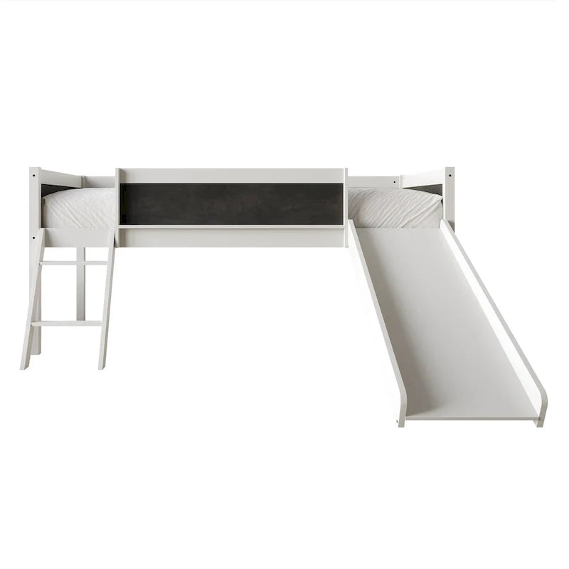 Lit mezzanine bas classique double CraftPorch avec tableau noir, toboggan et échelle