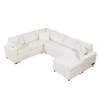 Canapé d'angle en chenille convertible, canapé-lit en forme de L avec pouf de rangement, 3 oreillers et dispositifs de charge