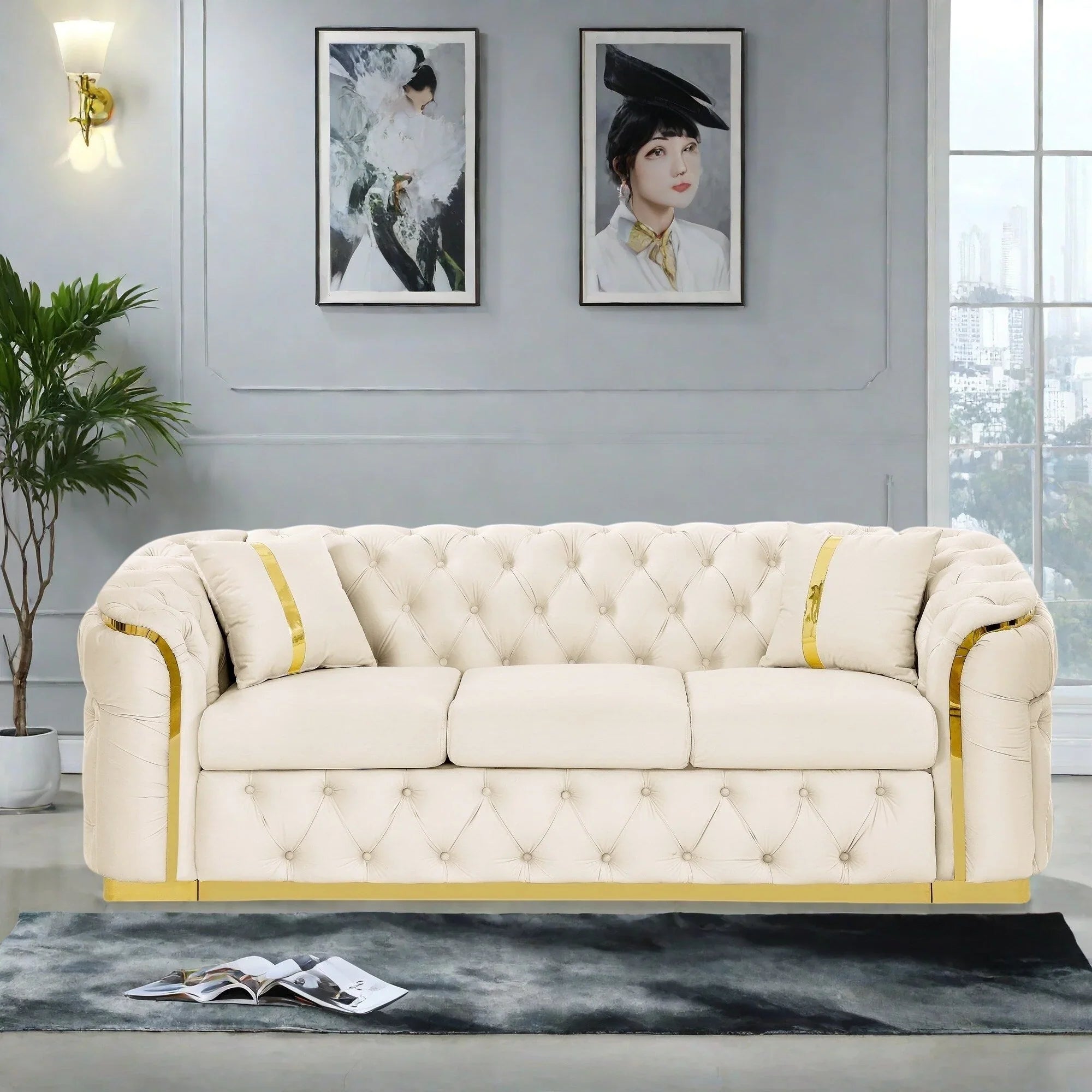 Canapé 3 places Velvet 90,6 po avec 2 oreillers, coussins haute densité, accents dorés et oreillers