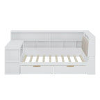 Canapé-lit d'angle en bois en forme de L avec bureau, bibliothèque, lit d'angle avec tiroirs de rangement, tête de lit rembourrée et éclairage intégré
