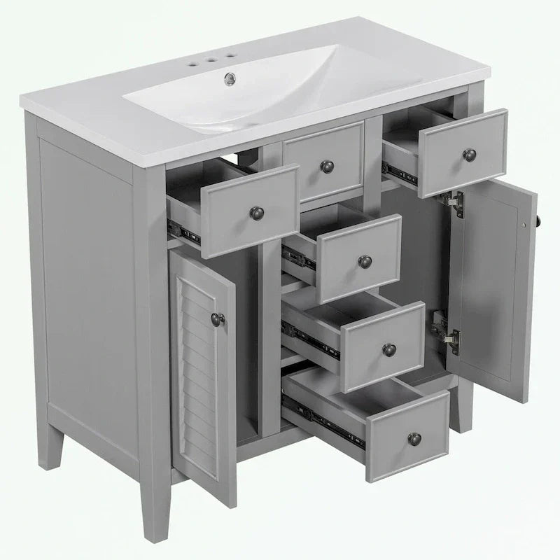 Meuble-lavabo avec vasque en céramique, deux placards et cinq tiroirs