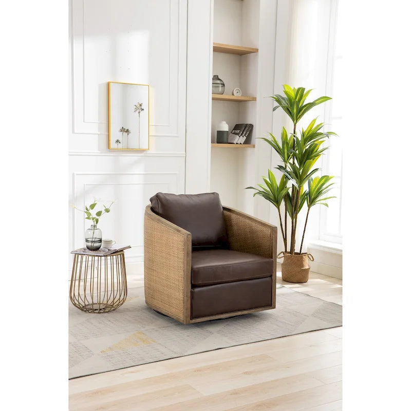 Fauteuil pivotant, fauteuil d'appoint rond confortable, fauteuil club pivotant à 360 degrés, fauteuil de loisirs avec cadre en rotin tressé