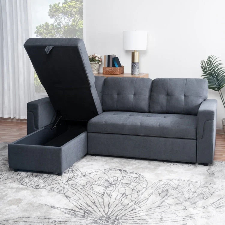 Canapé d'angle réversible convertible avec lit gigogne, méridienne de rangement et pieds durables
