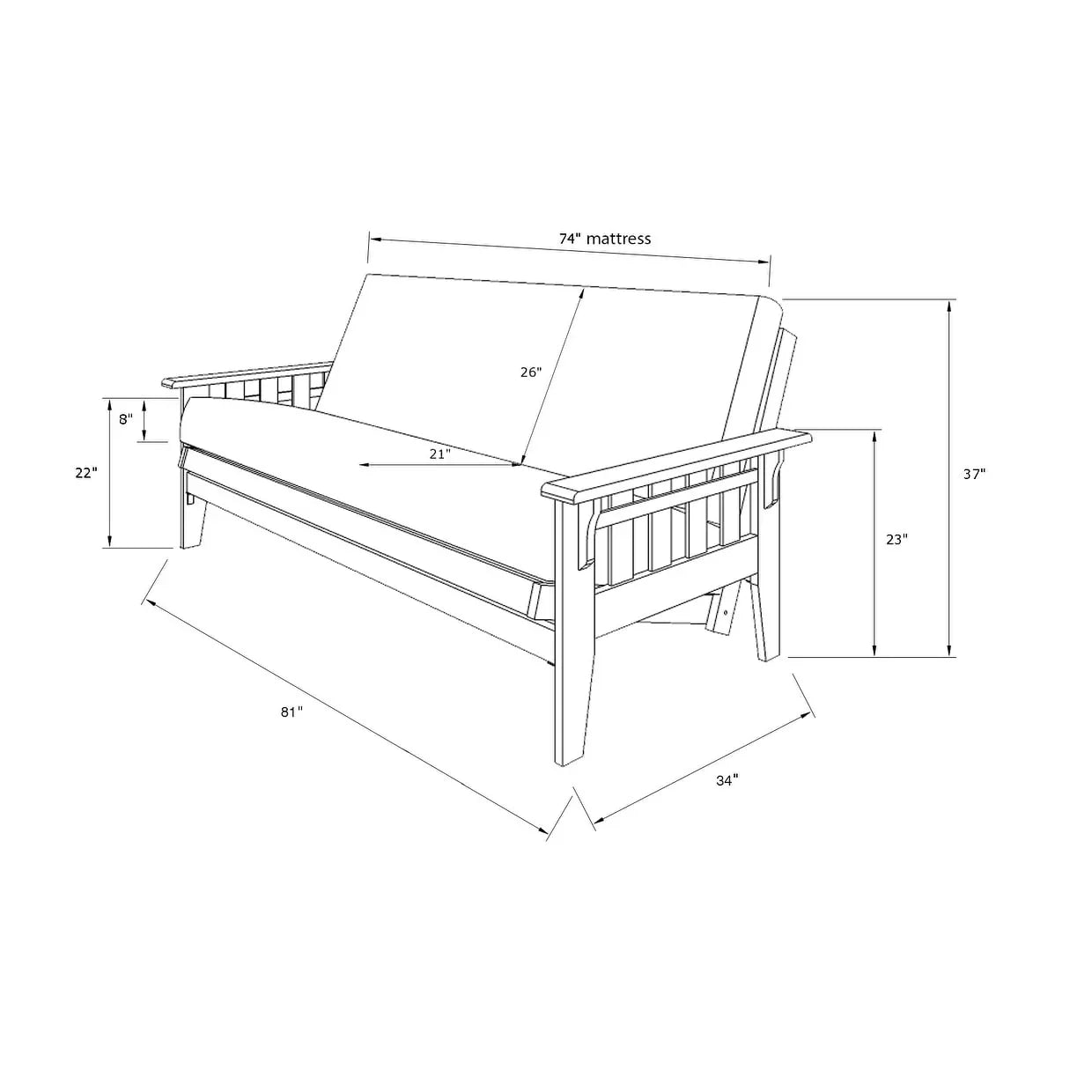 Ensemble futon rustique en noyer grand format avec matelas