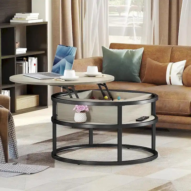 Table basse ronde relevable Moasis Farmhouse avec rangement dissimulé et étagère