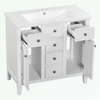 Meuble-lavabo avec vasque en céramique, deux placards et cinq tiroirs