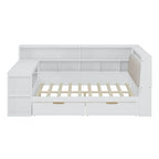 Canapé-lit d'angle en bois en forme de L avec bureau, bibliothèque, lit d'angle avec tiroirs de rangement, tête de lit rembourrée et éclairage intégré