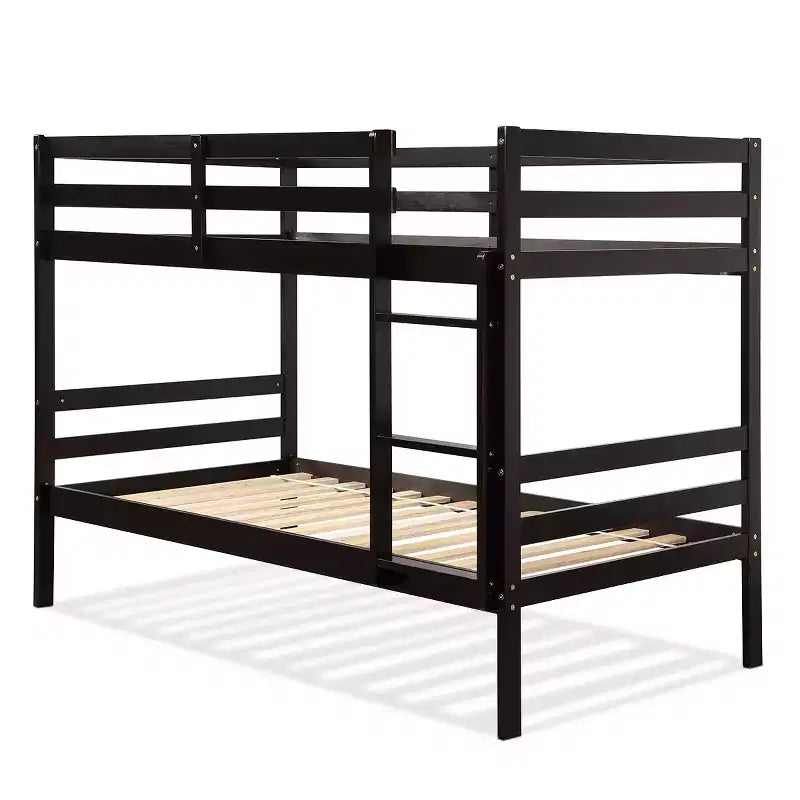 Twin Over Twin Wood Bunk Bed with Ladder and Safety Rail in Espresso or White