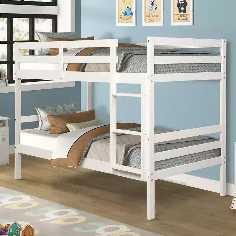 Twin Over Twin Wood Bunk Bed with Ladder and Safety Rail in Espresso or White
