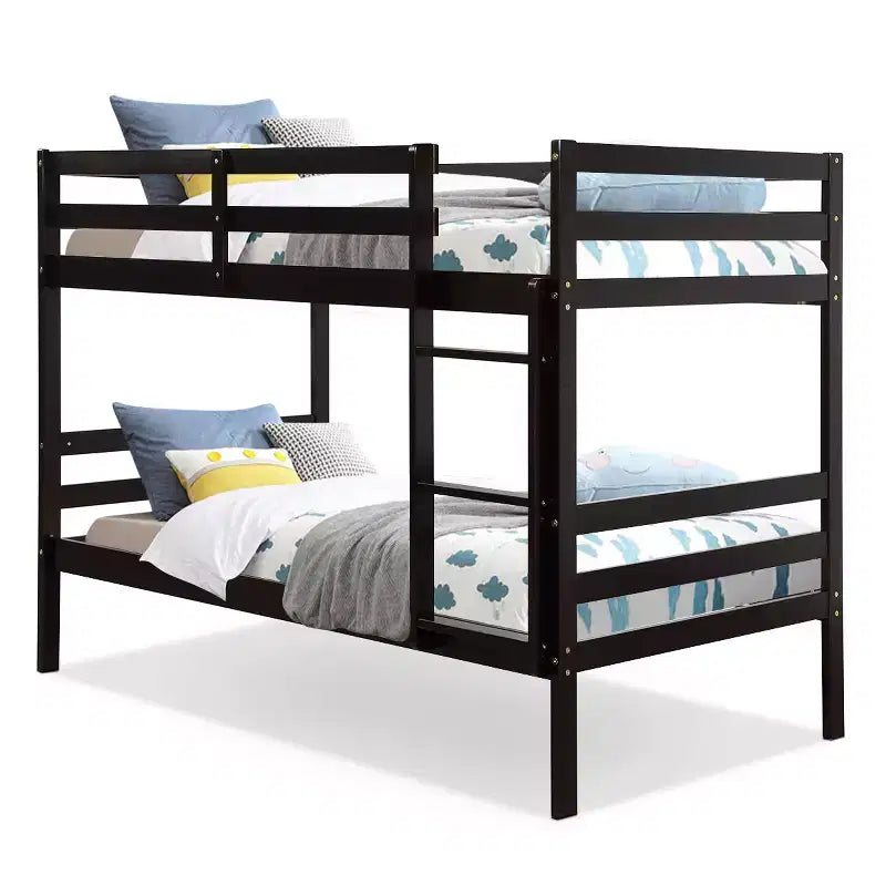 Twin Over Twin Wood Bunk Bed with Ladder and Safety Rail in Espresso or White