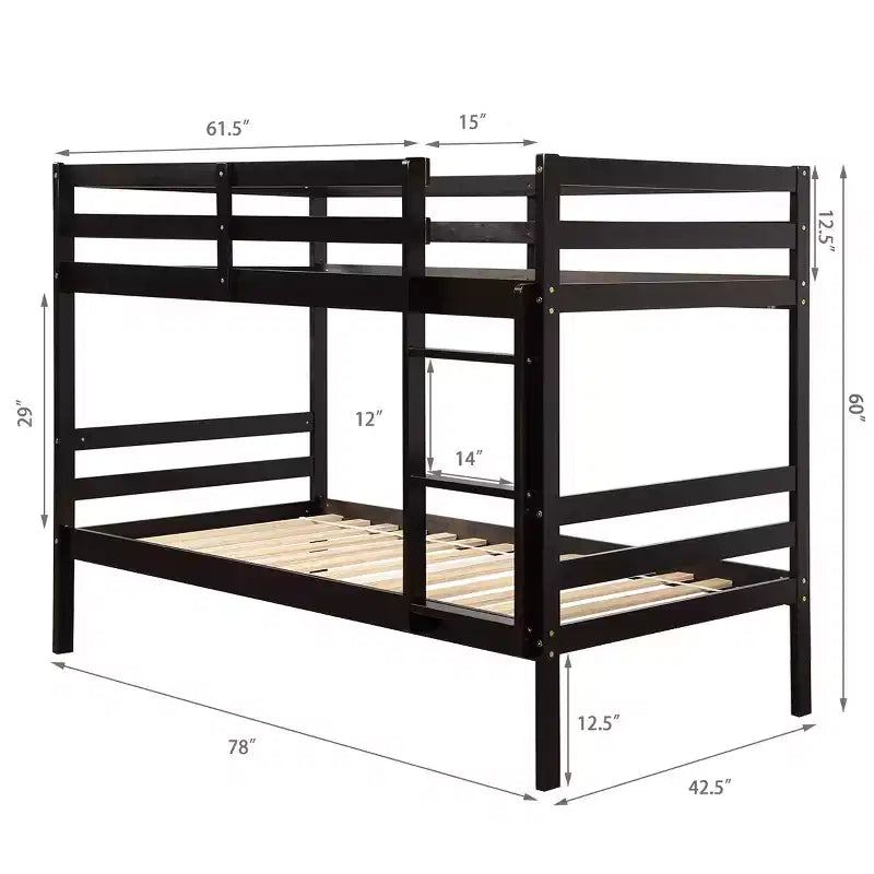 Twin Over Twin Wood Bunk Bed with Ladder and Safety Rail in Espresso or White