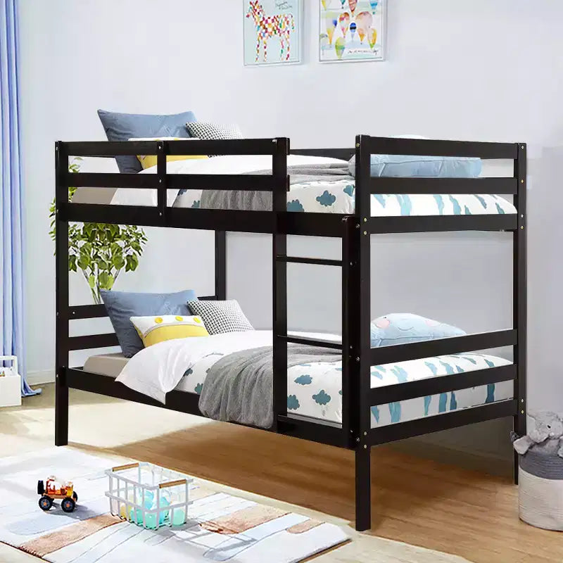 Twin Over Twin Wood Bunk Bed with Ladder and Safety Rail in Espresso or White