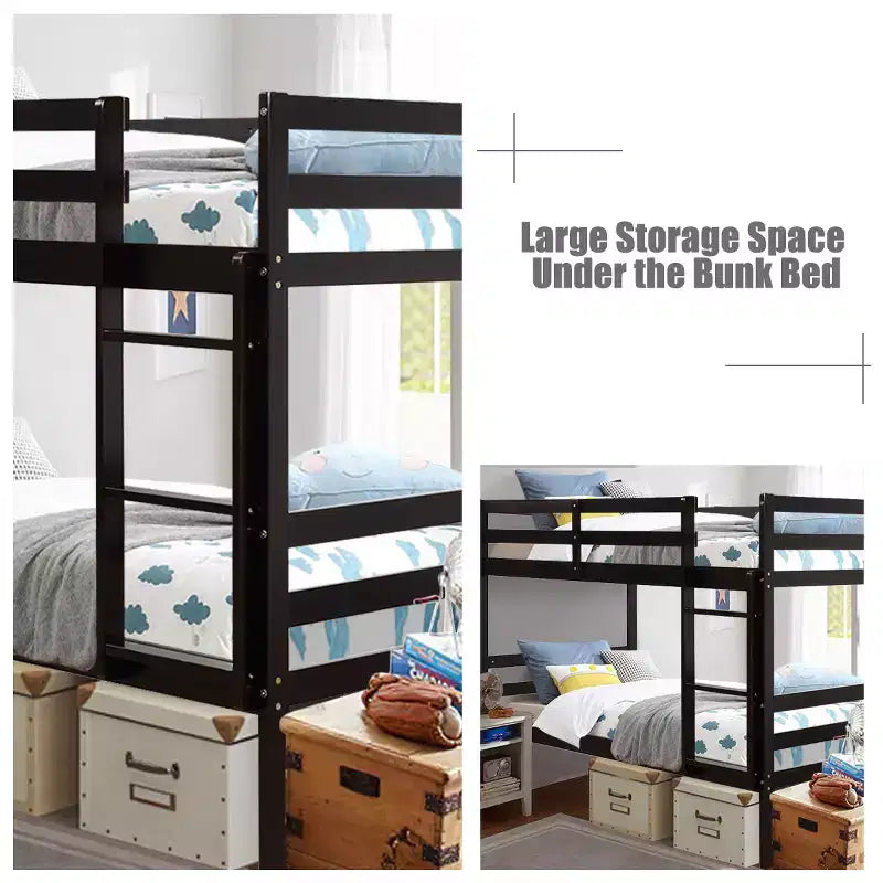 Twin Over Twin Wood Bunk Bed with Ladder and Safety Rail in Espresso or White