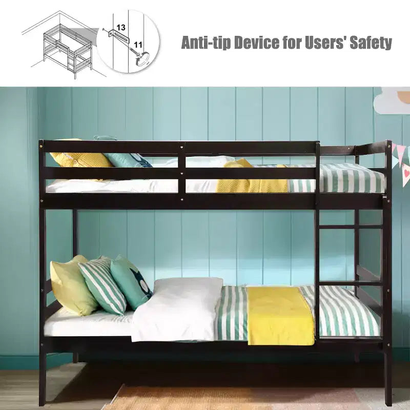 Twin Over Twin Wood Bunk Bed with Ladder and Safety Rail in Espresso or White