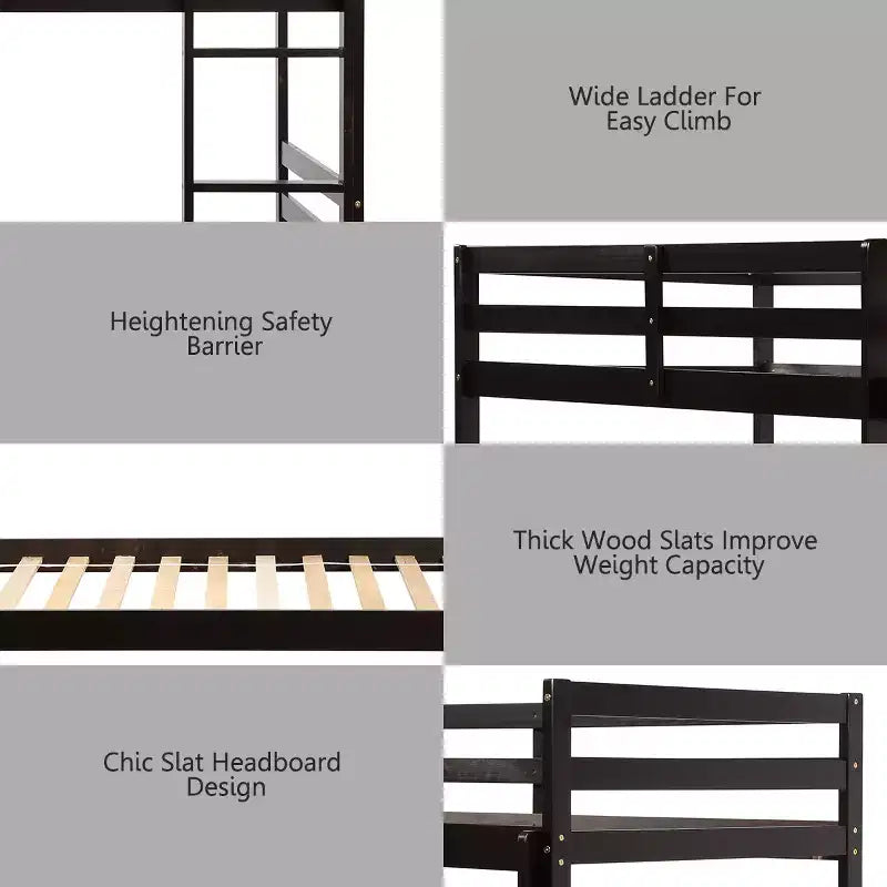 Twin Over Twin Wood Bunk Bed with Ladder and Safety Rail in Espresso or White