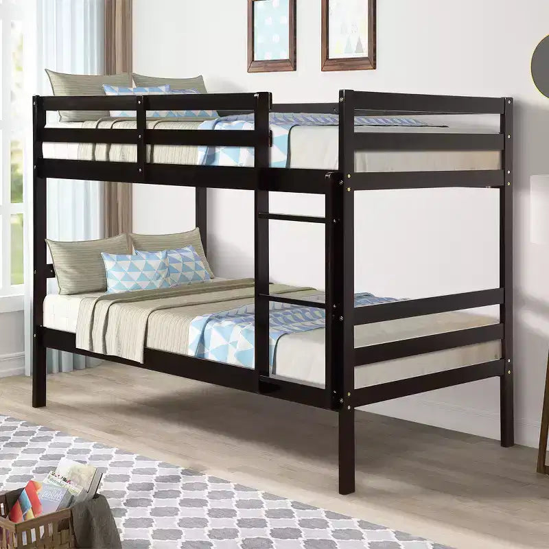 Twin Over Twin Wood Bunk Bed with Ladder and Safety Rail in Espresso or White