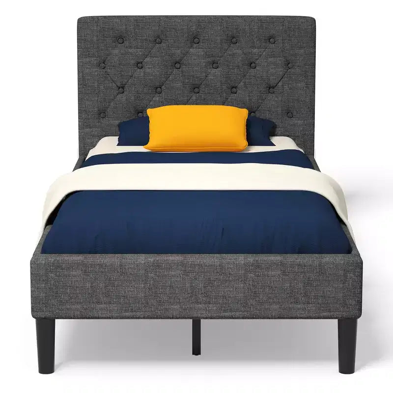 Twin Size Upholstered Bed Frame with Diamond Stitched Headboard and 10 Wood Slat Support