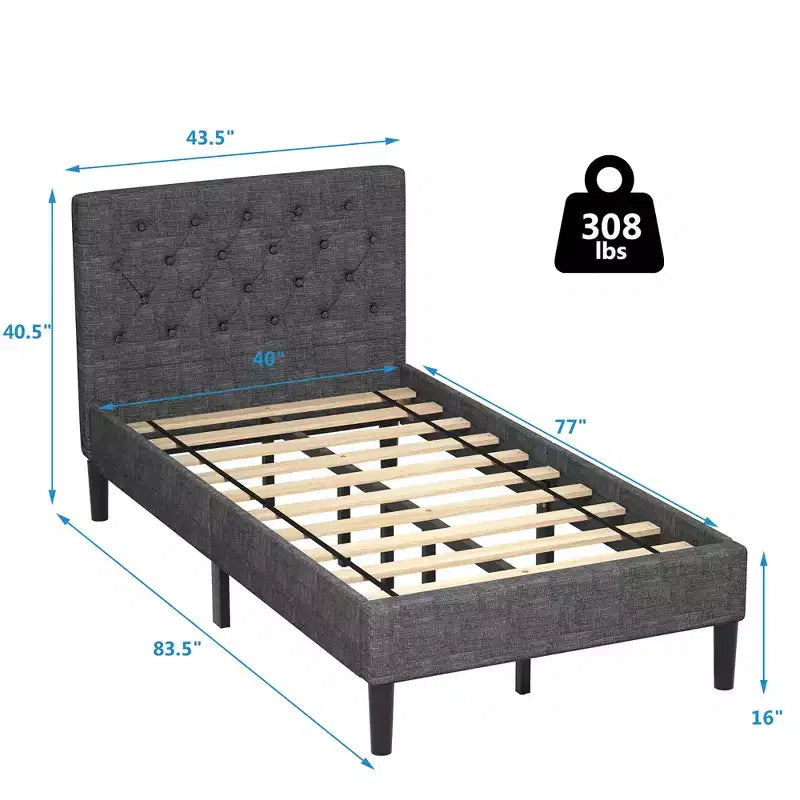 Twin Size Upholstered Bed Frame with Diamond Stitched Headboard and 10 Wood Slat Support