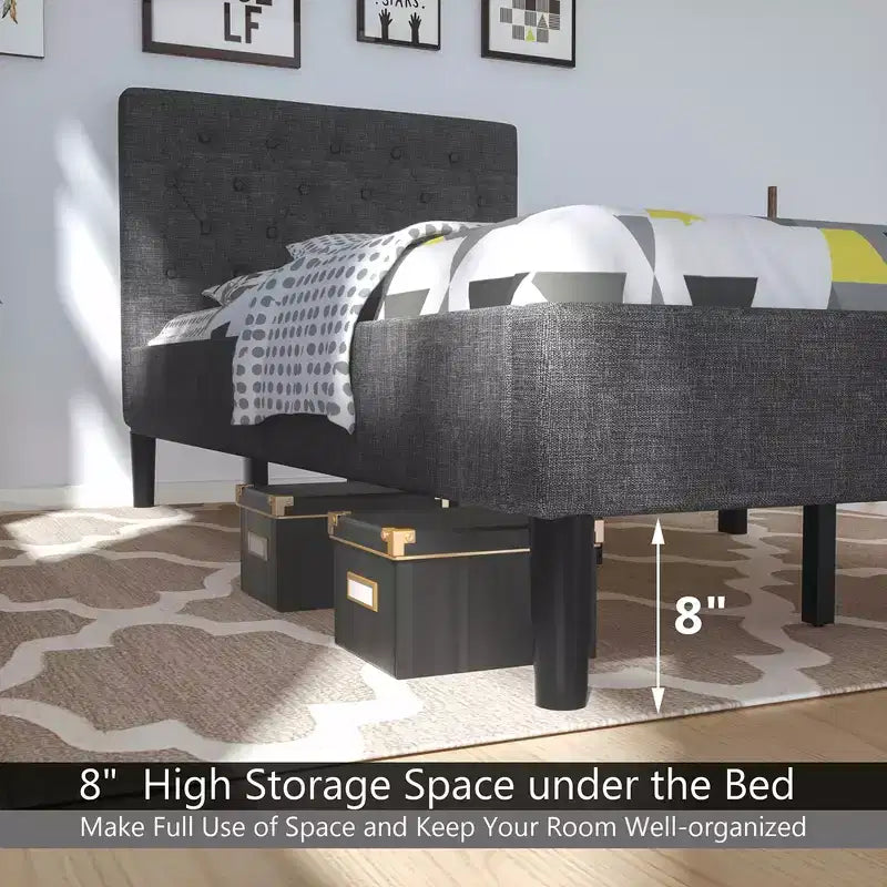 Twin Size Upholstered Bed Frame with Diamond Stitched Headboard and 10 Wood Slat Support
