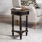 Table d'appoint ronde vintage en bois de 18 pouces avec étagère, finition noire et garniture dorée