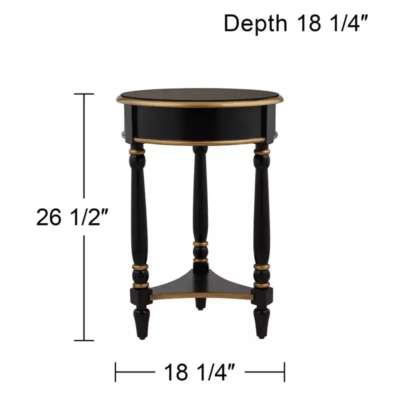 18 Inch Vintage Wood Round Accent Side Table with Shelf in Black and Gold Trim
