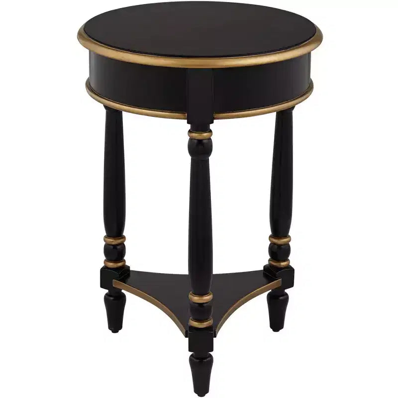 18 Inch Vintage Wood Round Accent Side Table with Shelf in Black and Gold Trim