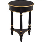 Table d'appoint ronde vintage en bois de 18 pouces avec étagère, finition noire et garniture dorée