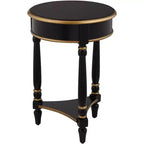 Table d'appoint ronde vintage en bois de 18 pouces avec étagère, finition noire et garniture dorée