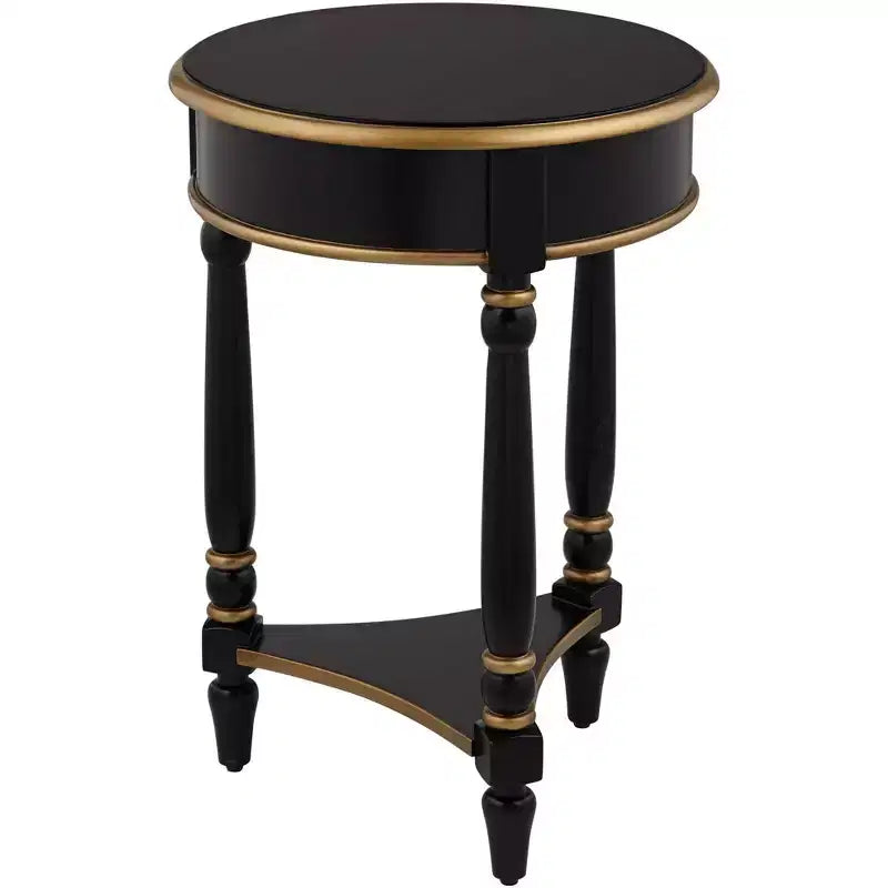 18 Inch Vintage Wood Round Accent Side Table with Shelf in Black and Gold Trim