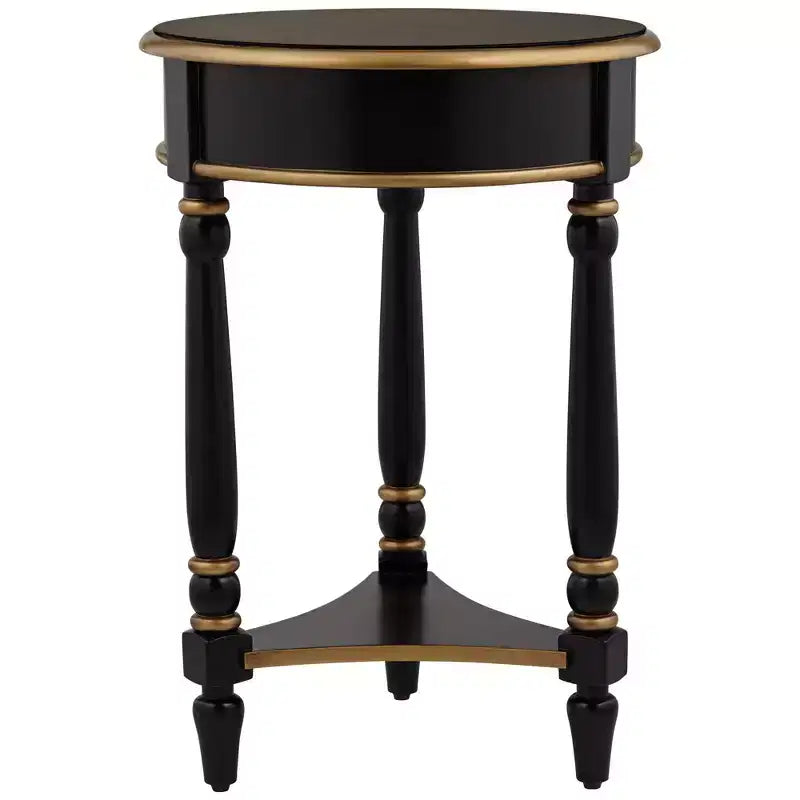 18 Inch Vintage Wood Round Accent Side Table with Shelf in Black and Gold Trim