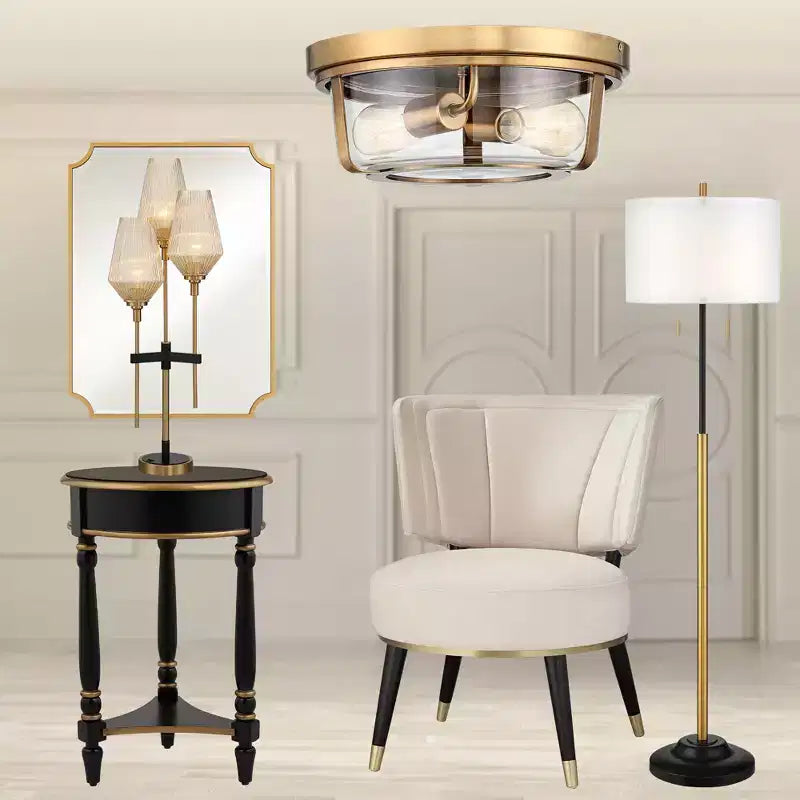 18 Inch Vintage Wood Round Accent Side Table with Shelf in Black and Gold Trim