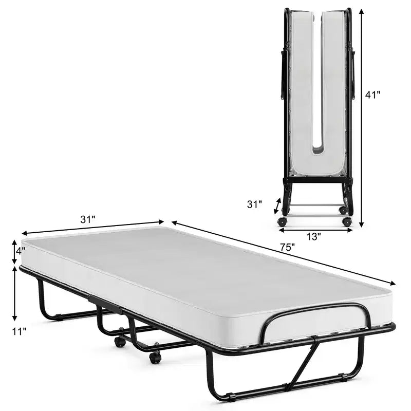 Rollaway Folding Metal Guest Bed with Memory Foam Mattress Made in Italy