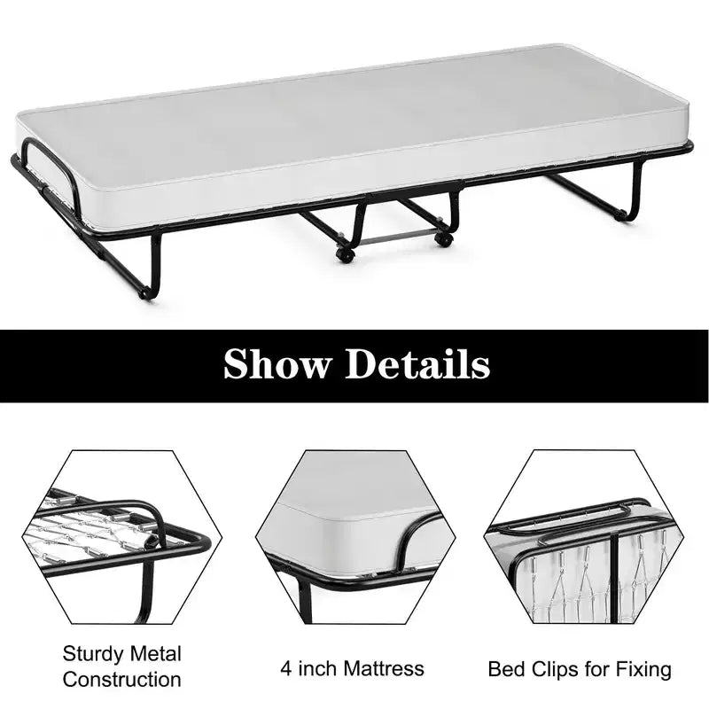 Rollaway Folding Metal Guest Bed with Memory Foam Mattress Made in Italy