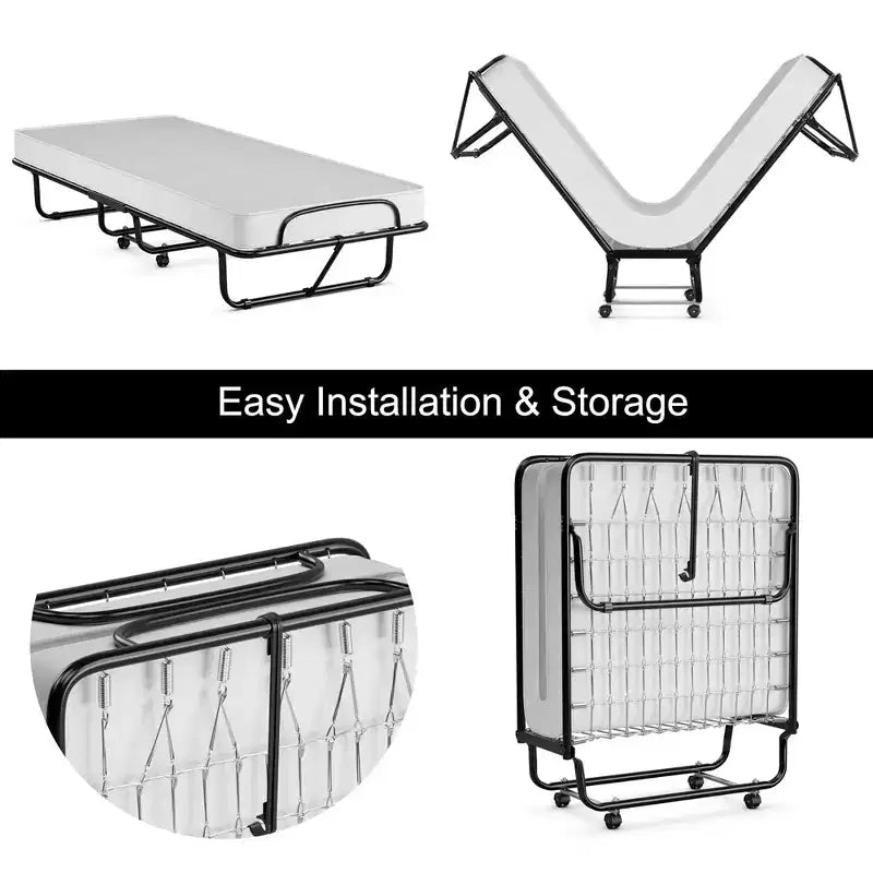 Rollaway Folding Metal Guest Bed with Memory Foam Mattress Made in Italy
