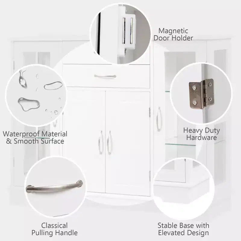 Buffet Storage Cabinet Console Cupboard with Glass Doors and Drawers for Kitchen and Dining Room