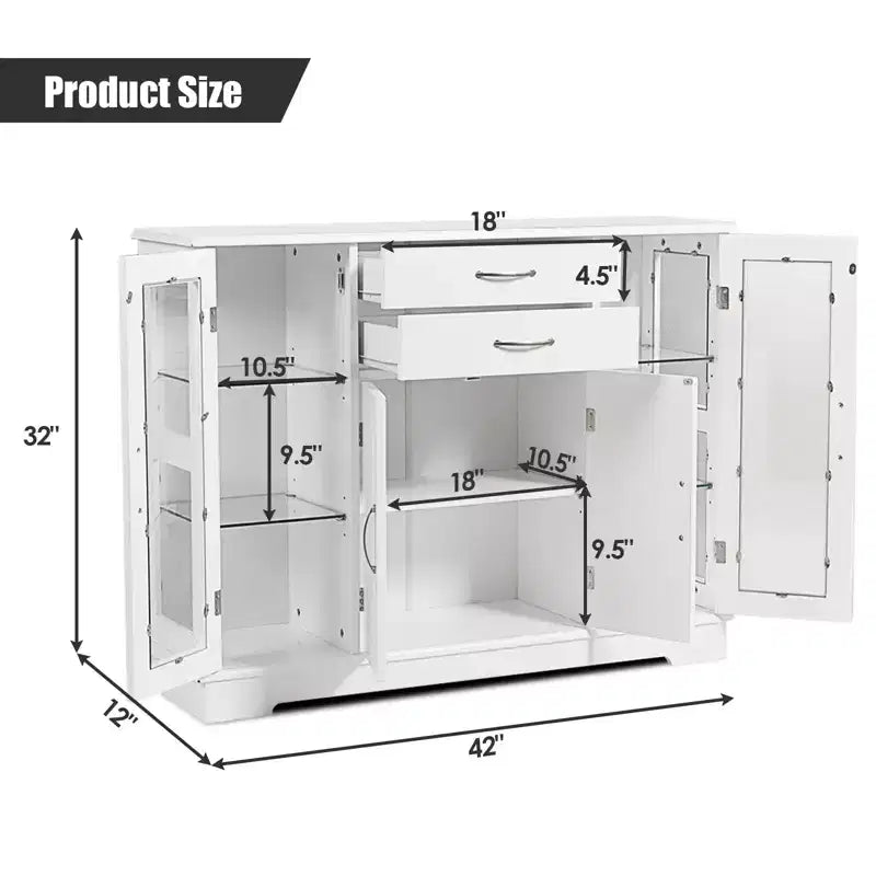 Buffet Storage Cabinet Console Cupboard with Glass Doors and Drawers for Kitchen and Dining Room