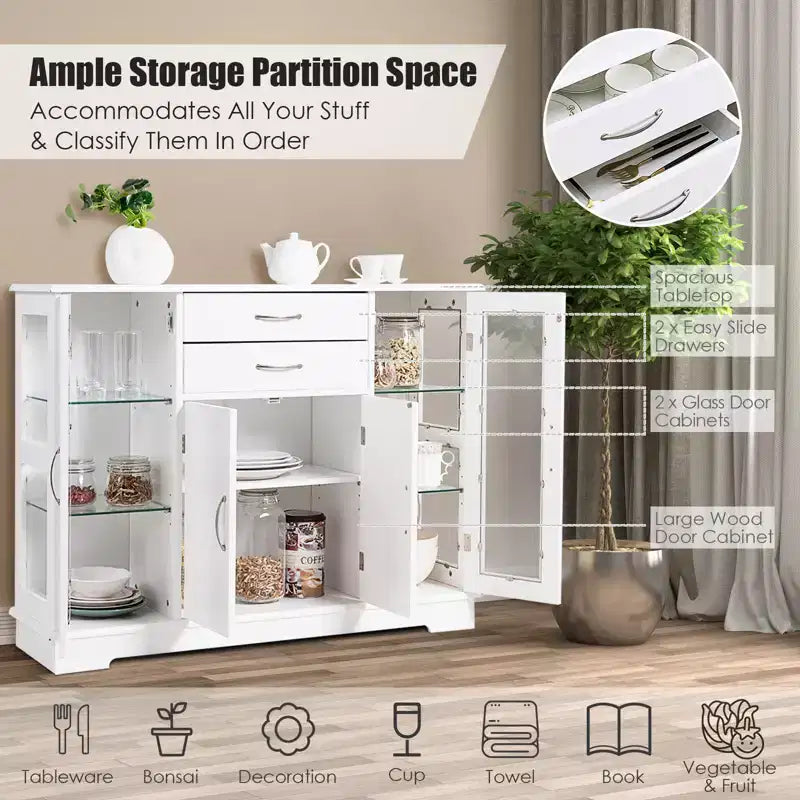 Buffet Storage Cabinet Console Cupboard with Glass Doors and Drawers for Kitchen and Dining Room