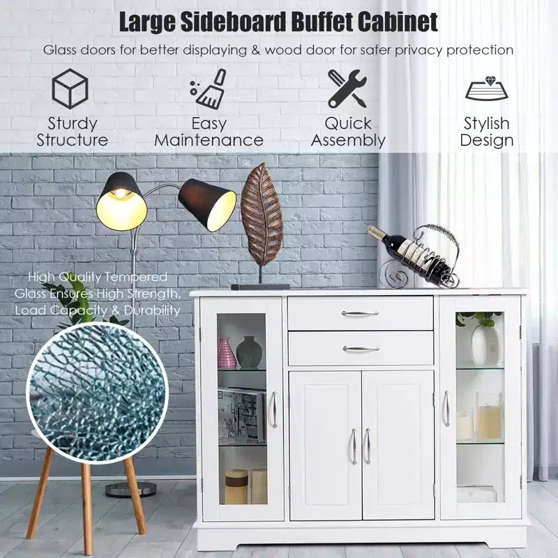 Buffet Storage Cabinet Console Cupboard with Glass Doors and Drawers for Kitchen and Dining Room