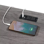 Bureau à tréteaux avec station de charge intégrée et étagères de présentation