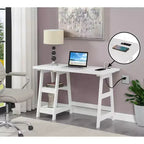 Bureau à tréteaux avec station de charge intégrée et étagères de présentation