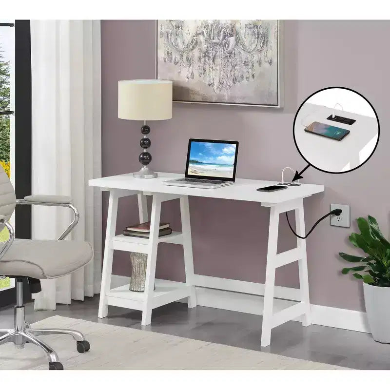 Trestle Home Office Desk with Built-In Charging Station and Display Shelves