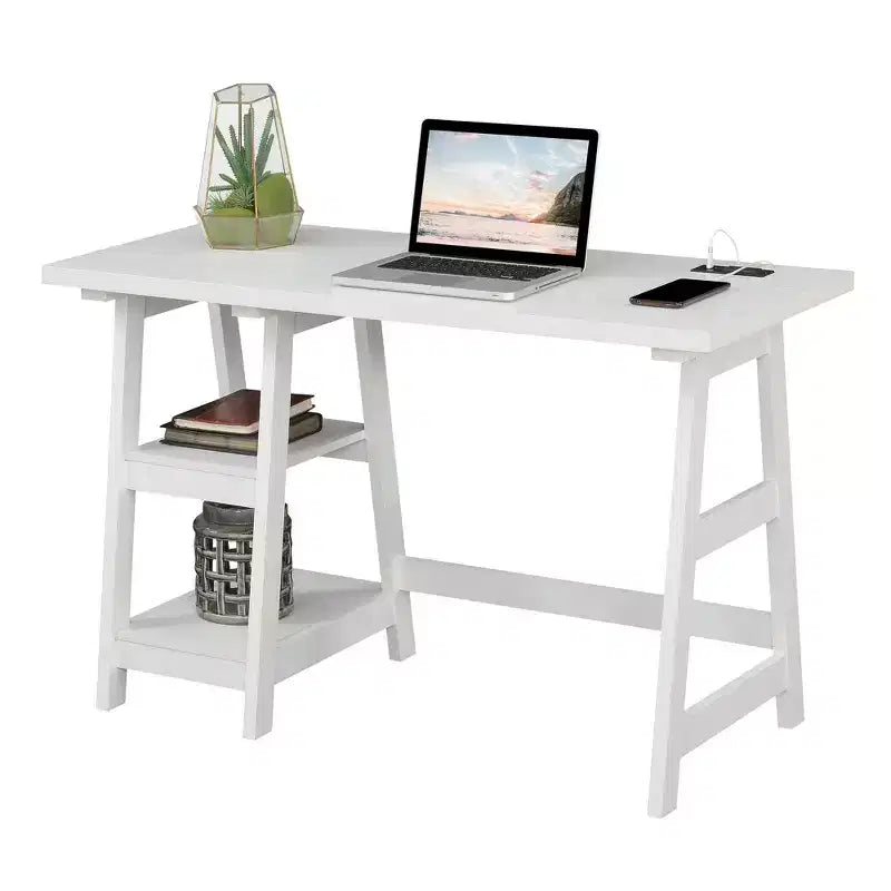Trestle Home Office Desk with Built-In Charging Station and Display Shelves