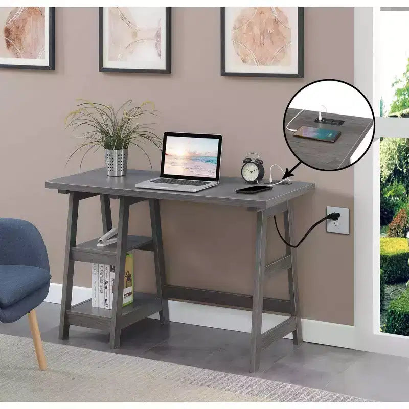Trestle Home Office Desk with Built-In Charging Station and Display Shelves