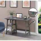 Bureau à tréteaux avec station de charge intégrée et étagères de présentation