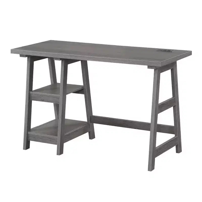 Trestle Home Office Desk with Built-In Charging Station and Display Shelves