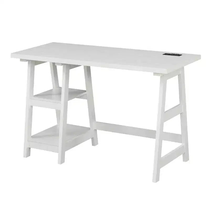 Trestle Home Office Desk with Built-In Charging Station and Display Shelves