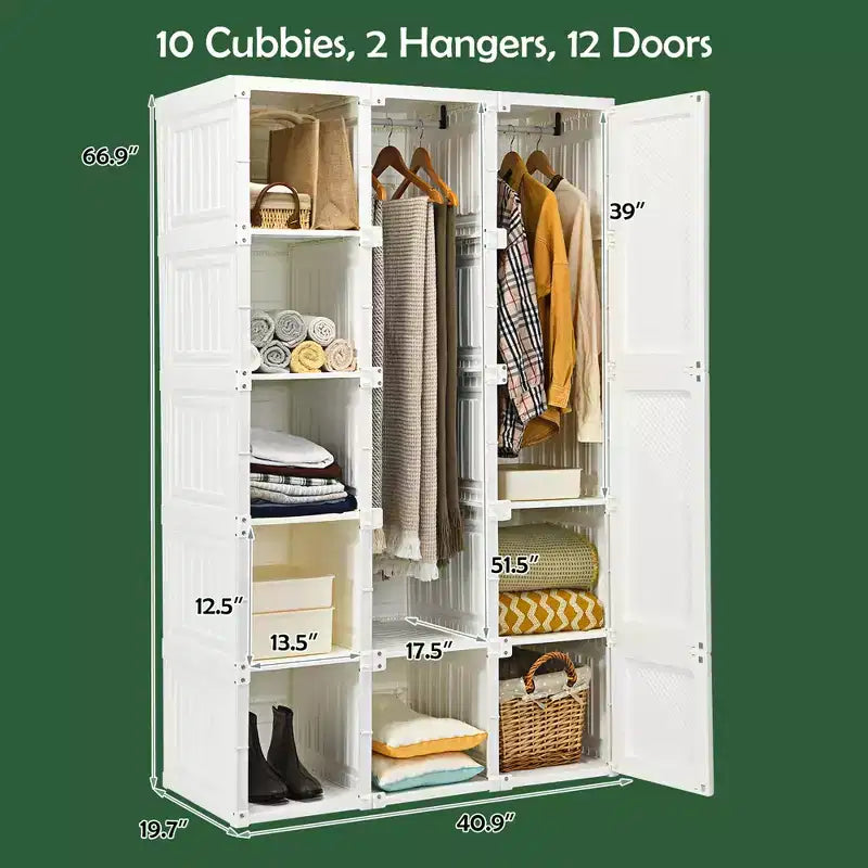 Portable Foldable Wardrobe Armoire Closet with 10 Cube Compartments and Hanging Rods
